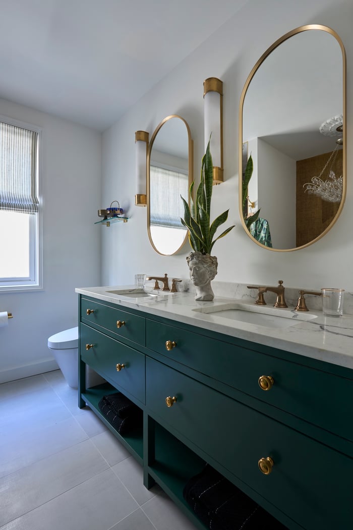 City Primary Bath with Green Custom  Cabinets