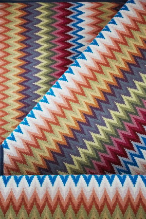 A detailed view of an Aztec-designed textile used by Jasmin Reese in her interior design, Chicago.
