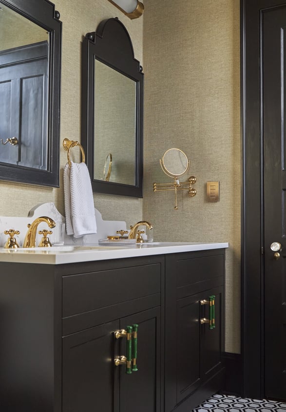 Antique copper fixtures accent a double sink vanity with green enamel hardware - bathroom design by Jasmin Reese, Chicago.