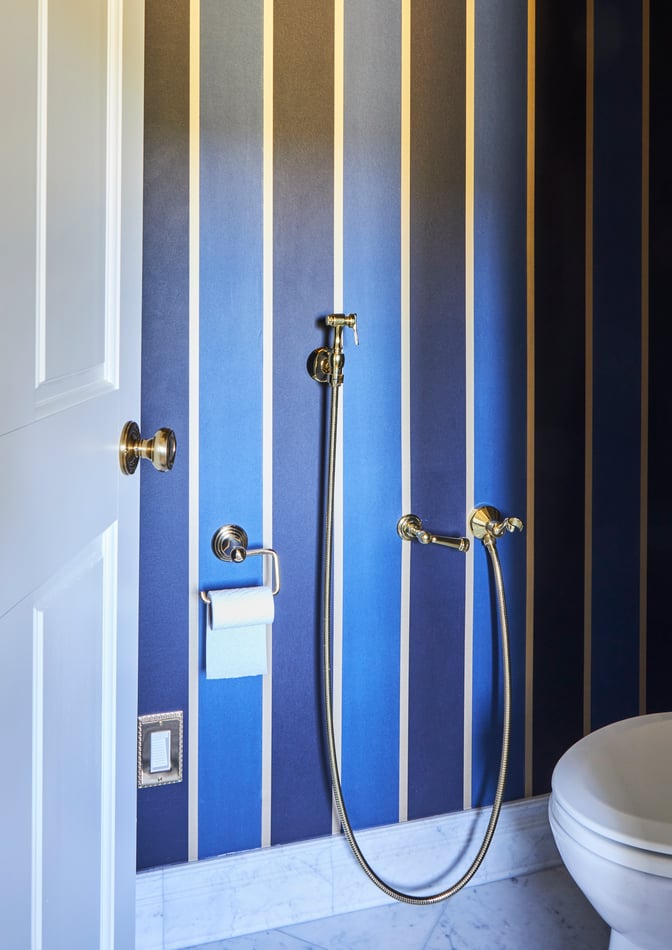 A small bright blue striped bathroom with a bidet fixture designed by Jasmin Reese, Chicago.