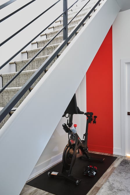 A Pelton bike beneath a carpeted staircase in a modern basement designed by Jasmin Reese, Chicago. 