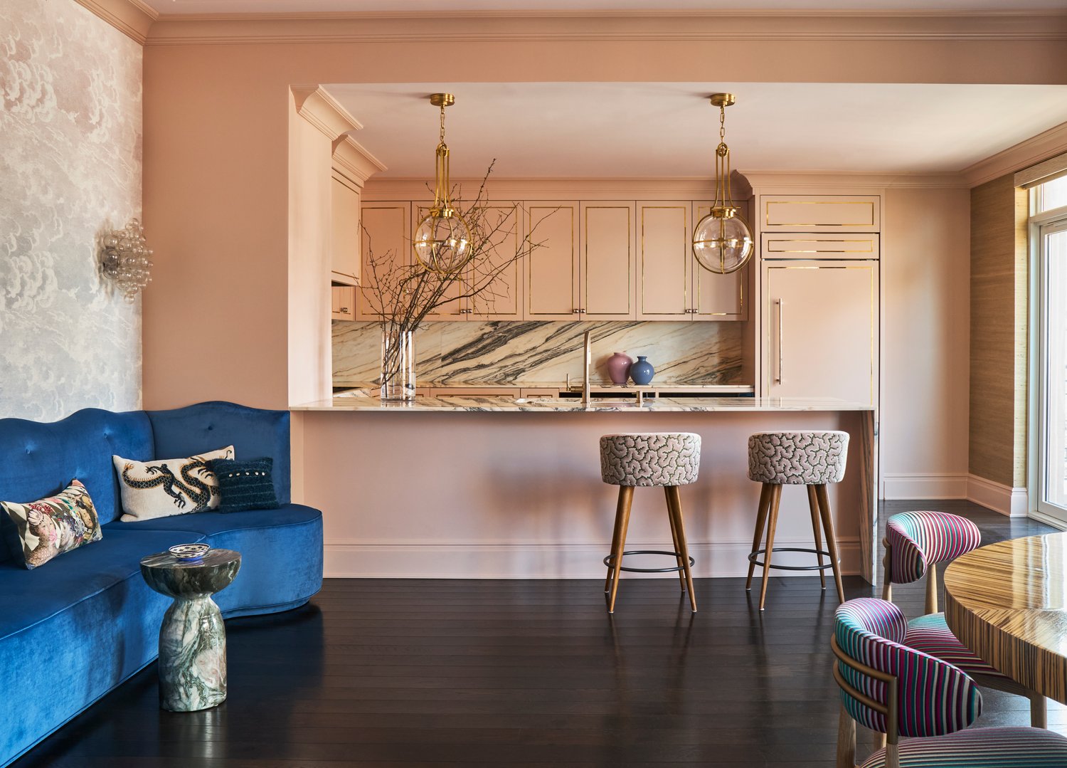 Luxury Blush Kitchen with Powder Blue Banquette