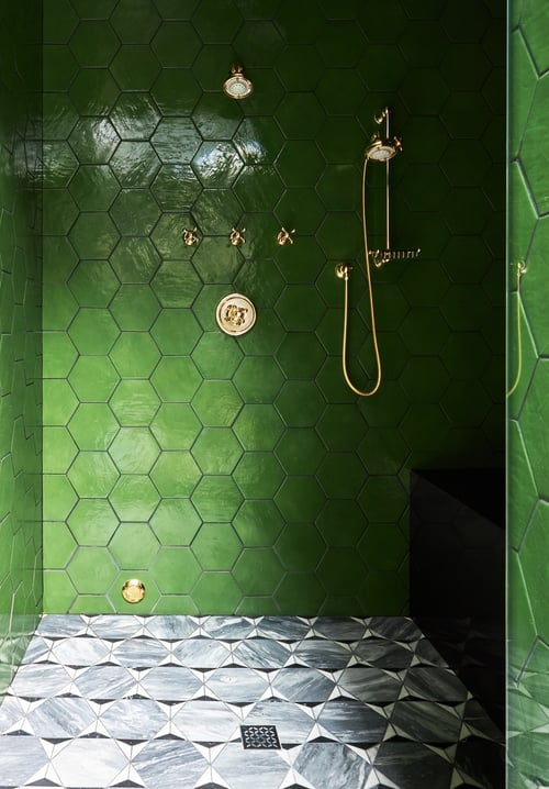 Black Primary Bath Green Hexagon Gold Shower Plumbing