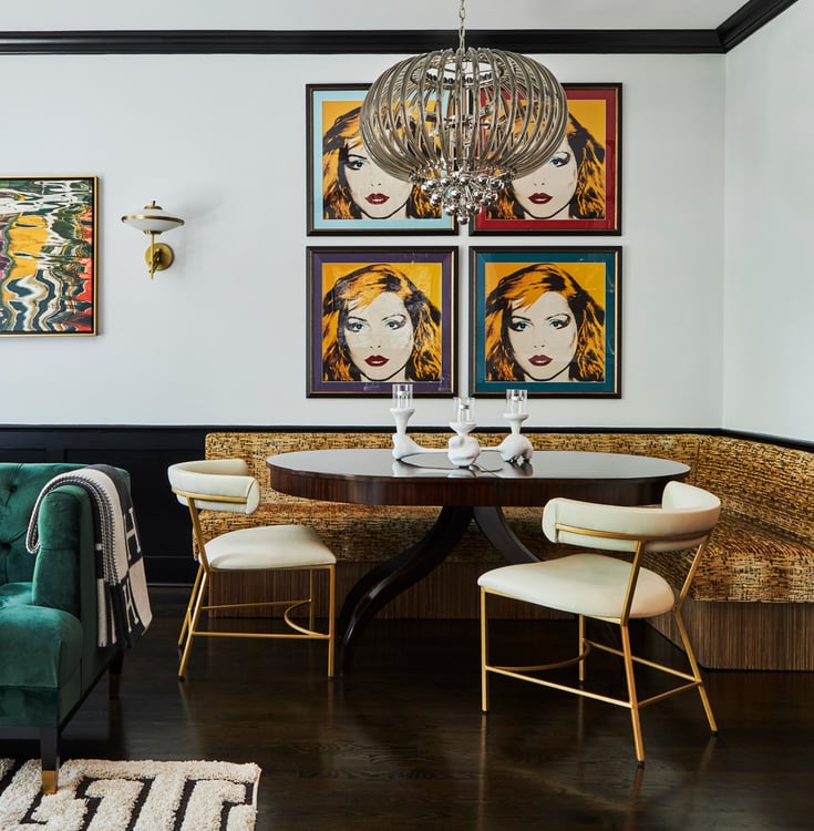 A kitchen nook dining room design by Jasmin Reese with Andy Warhol-style art of Deborah Harry, Chicago. 