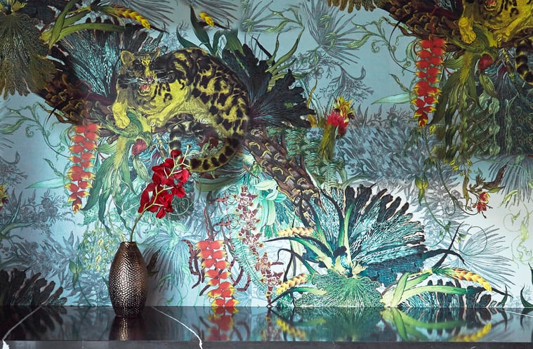 Detail of a large painting of a jungle scene in a minimalist kitchen designed by Jasmin Reese with, Chicago.