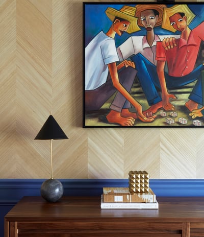 Detail of small artistic lamp in a rustic dining room design by Jasmin Reese Interiors, Chicago. 