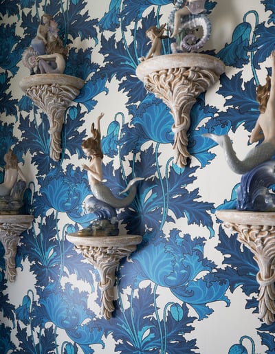 A detail of platform sconces for art pieces in a large bathroom designed by Jasmin Reese, Chicago. 
