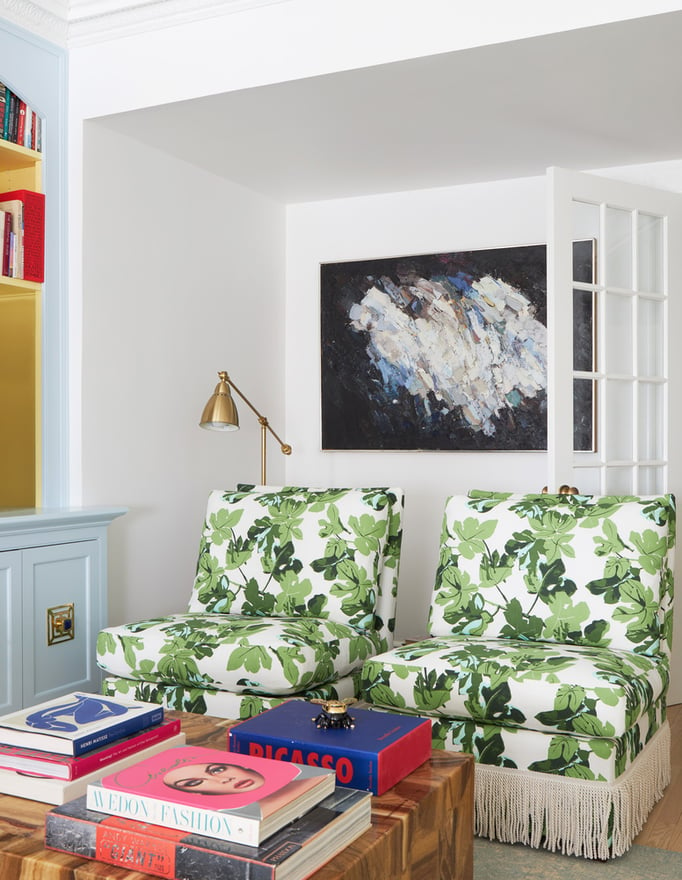 Lively green leaf chairs in the library - living room design by Jasmin Reese Interiors, Chicago, USA. 