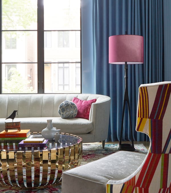 Bold accent chair with golden basket coffee table design by Jasmin Reese Interiors, Chicago, USA. design by Jasmin Reese Interiors, Chicago, USA. 