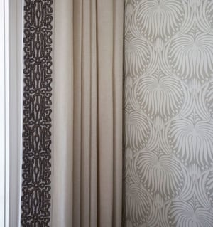 Dining room details designed by Jasmin Reese: cream drapes with delicate gray edging, scallop wallpaper, Chicago. 