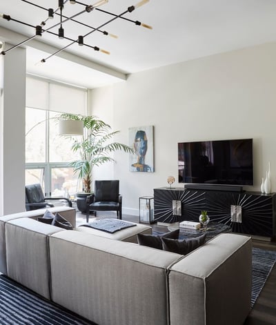 Contemporary chic edgy living room in tans, greys, and blacks - living room design by Jasmin Reese Interiors, Chicago, USA. 