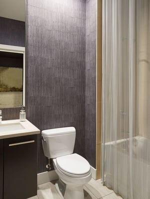 Modern Powder and Guest Bath with a sexy chain link shower curtain by Jasmin Reese Interiors
