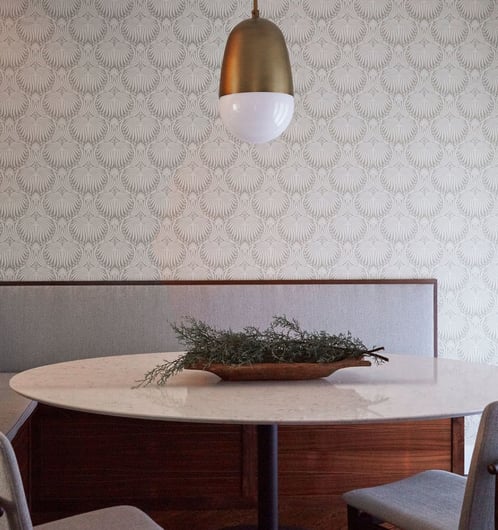 Detail of rose gold industrial drop lighting in a small kitchen nook design by Jasmin Reese, Chicago. 